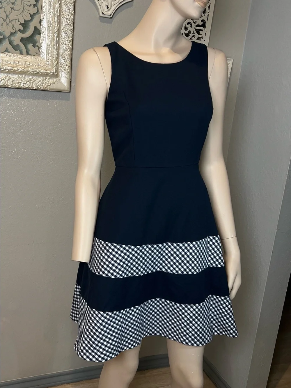 Tommy Hilfiger Navy Sleeveless Fit & Flare Dress with Gingham Trim